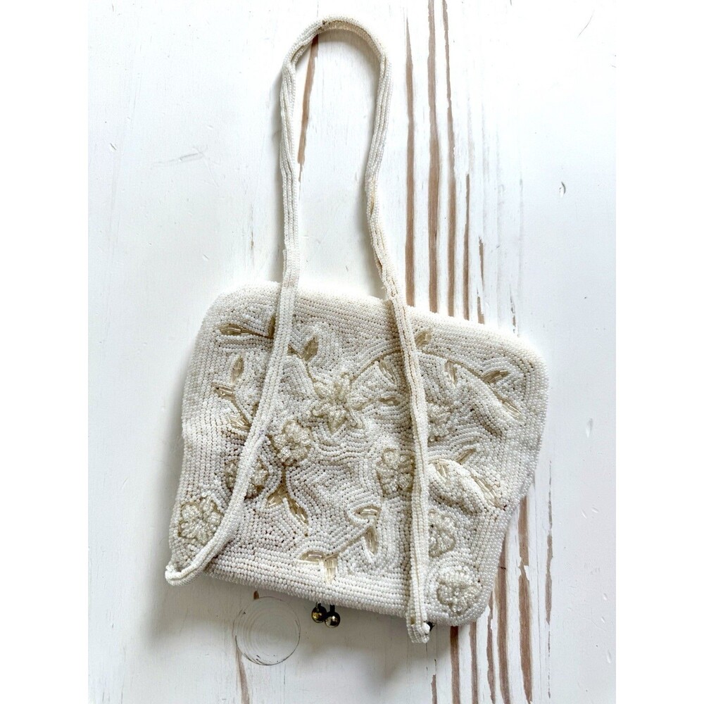 ✿ Vintage Beaded Evening Bag White Floral Handbag Made in Korea 1970